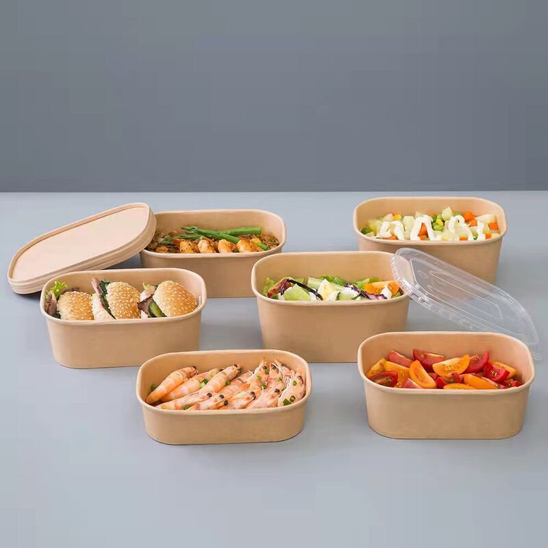Custom Printed Rectangular Kraft Paper Bowls Disposable Takeout Containers Lids Thick Fast Food Packaging Boxes Matt Boxes